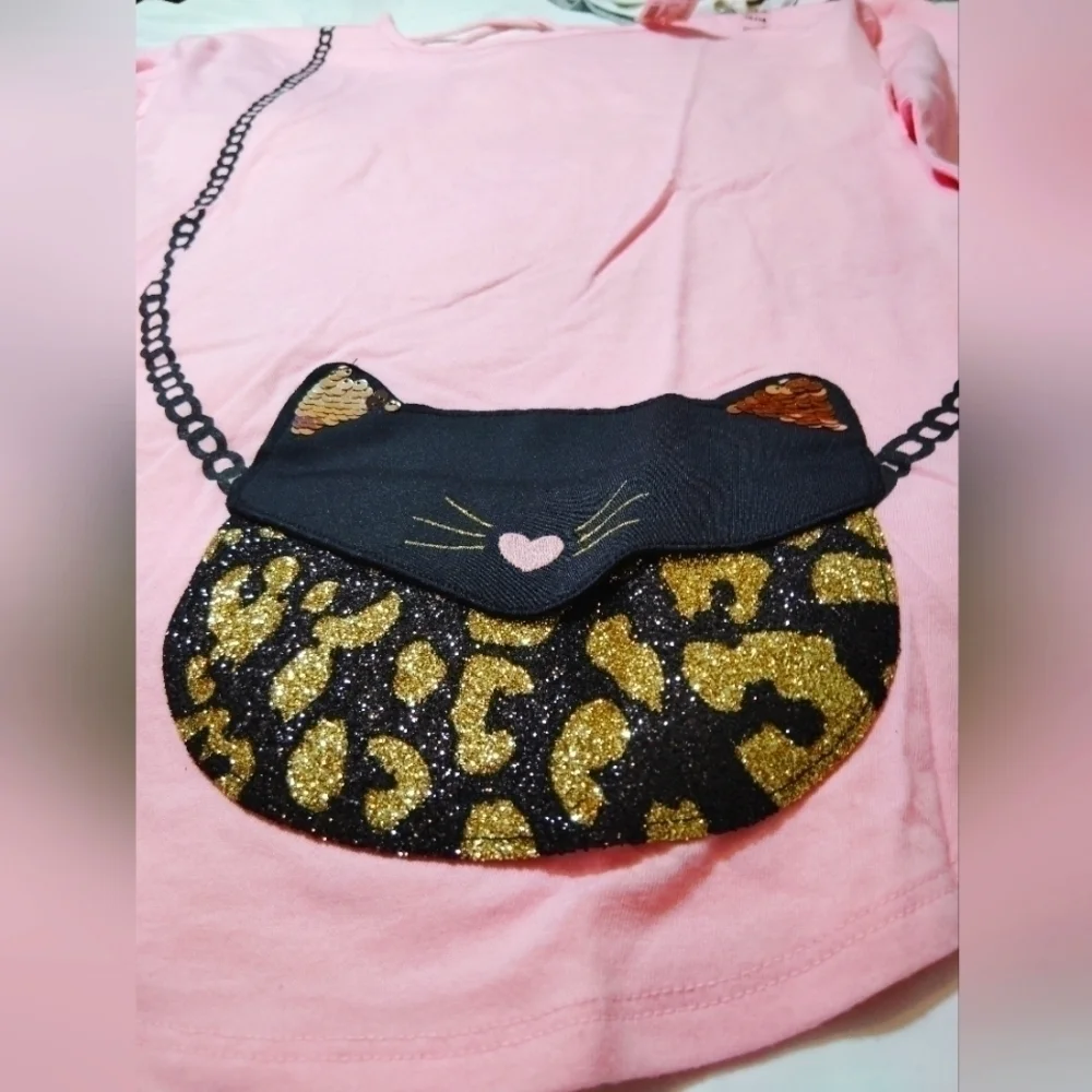 Justice Leopard Kitty Face Purse Long Sleeve Shirt- 14/16